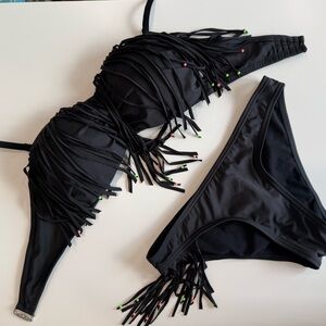 La Vie En Rose Black Fringe Bikini Set